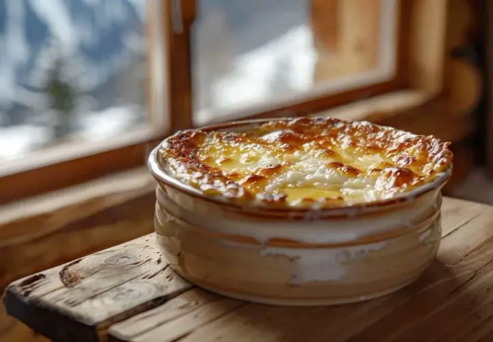 Un délicieux ramequin du Bugey, gratiné à souhait, prêt à être dégusté près d'une fenêtre avec vue sur les montagnes enneigées.