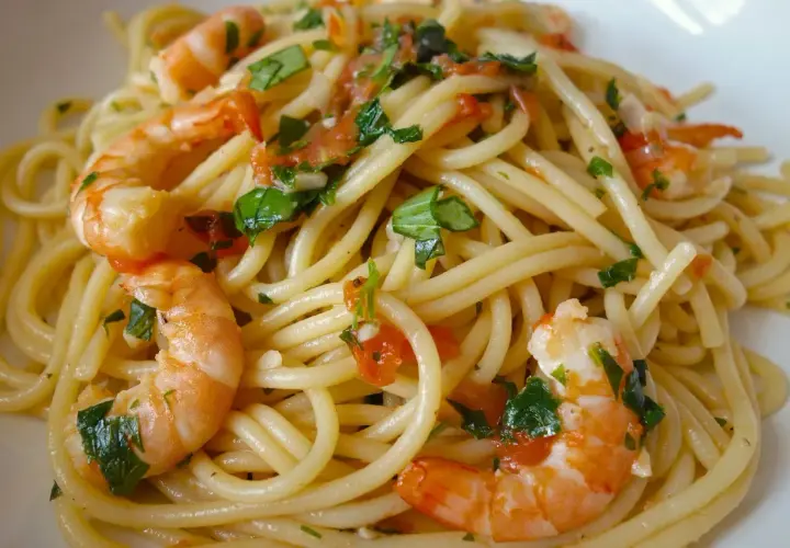 Spaghettis aux crevettes à l'ail et au persil, un plat savoureux et coloré, prêt à être dégusté.
