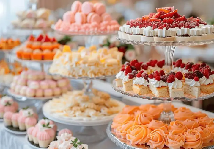 Un buffet de desserts colorés, une parfaite idée dessert mariage : macarons roses, gâteaux aux fruits rouges, et roses en crème d'orange.