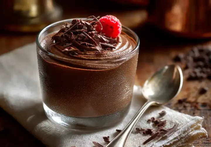 Délicieuse mousse au chocolat skyr, garnie de copeaux de chocolat et d'une framboise fraîche. Une cuillère argentée repose à côté.