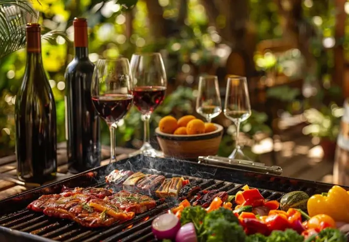 Un barbecue en plein air avec des viandes grillées, des légumes colorés et une sauce pour viande grillée barbecue. Deux bouteilles de vin rouge et des verres remplis de vin rouge complètent la scène.