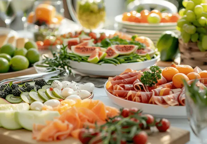Un délicieux buffet repas en plein air avec fruits frais, charcuterie, fromages et légumes.