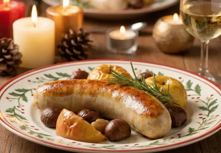 Boudin doré, pommes rôties et marrons sur une assiette festive. Le temps cuisson boudin est parfait pour ce plat d'hiver.