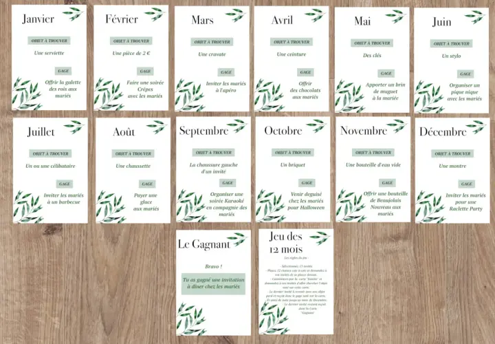 Cartes du jeu des 12 mois avec des gages et objets à trouver pour chaque mois, plus une carte gagnante.