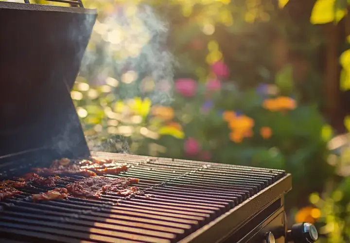 Viande fumante sur un barbecue, transformé en fumoir pour un repas en plein air.