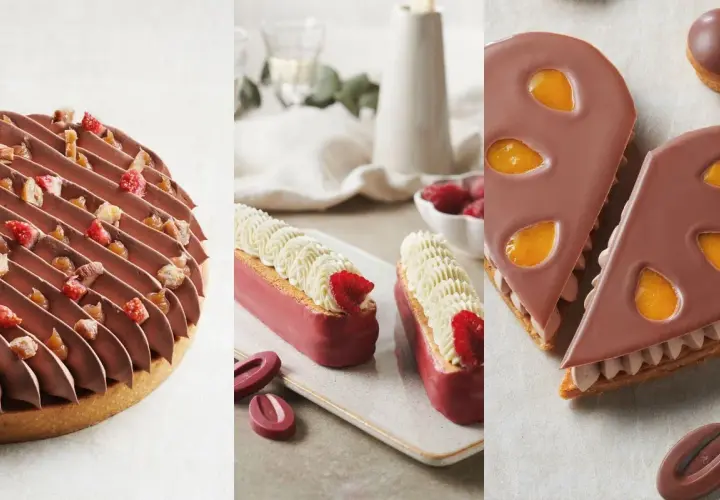 Un délicieux dessert d'août : tarte au chocolat et fruits secs, éclairs à la framboise et crème, et part de gâteau au chocolat et mangue.