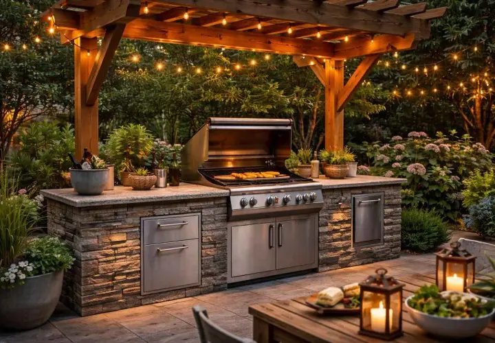 Un coin barbecue palette sous une pergola illuminée, avec un grill en inox, des rangements en pierre et une végétation luxuriante.