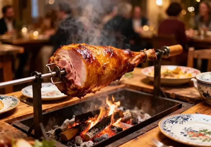 Un jambon à la broche, doré et fumant, cuit au feu de bois. Parfait pour un festin de 50 personnes.