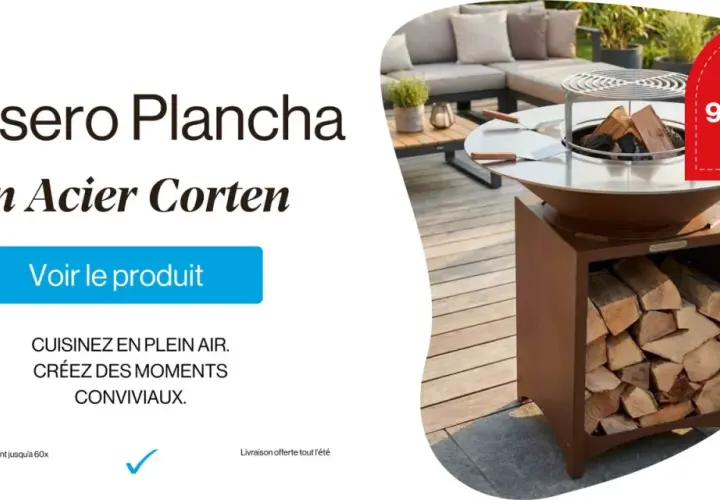 Un brasero plancha en acier Corten, parfait pour vos apéros conviviaux en plein air. Prix : 900€.