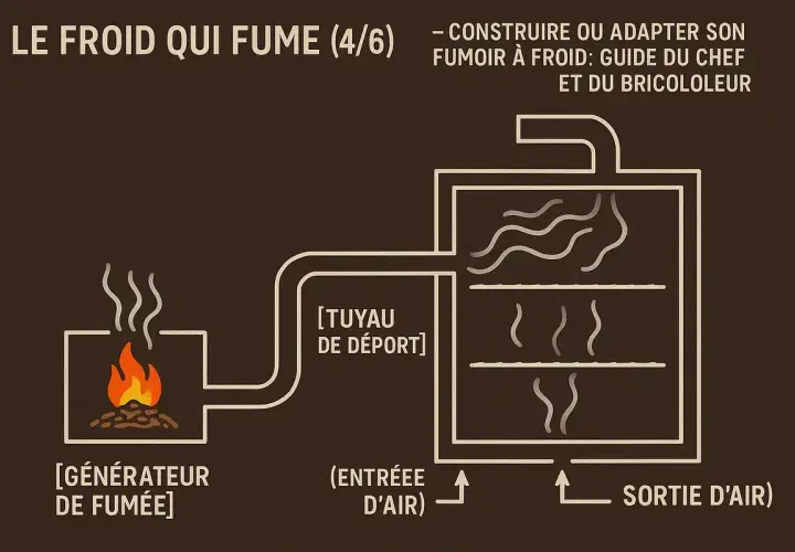 Schéma montrant comment fabriquer un fumoir avec un frigo. Un générateur de fumée alimente un caisson par un tuyau.