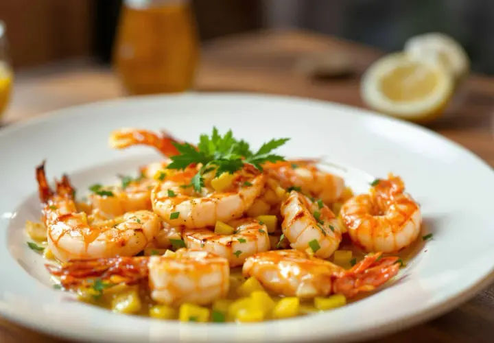 Délicieuse présentation de crevettes grillées, garnies de persil frais et de dés de mangue, sur une assiette blanche.