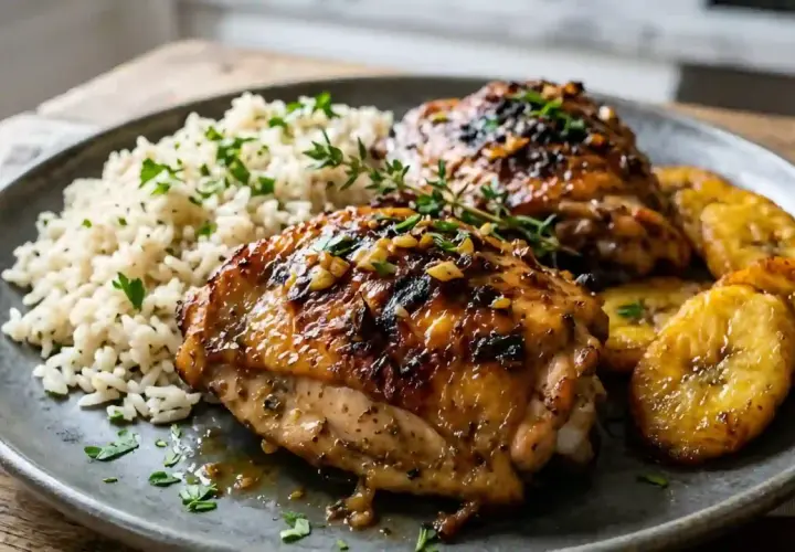 Deux morceaux de poulet boucané, brillants et savoureux, accompagnés de riz blanc parsemé de persil et de bananes plantains frites.