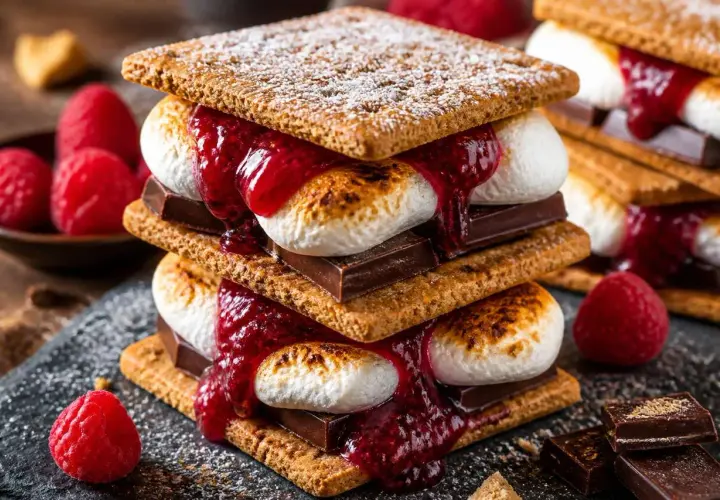 Un délicieux dessert Mars : des s'mores empilés avec guimauves grillées, chocolat fondant, coulis de framboise et biscuits craquants.