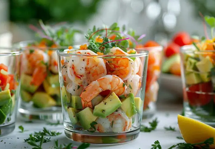 Verrines avocat crevettes, un délice frais et coloré. Des crevettes juteuses et des dés d'avocat crémeux, parfaits pour un apéritif léger.