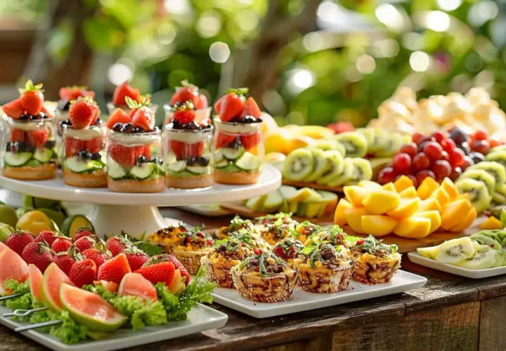 Un apéritif mariage simple et coloré : verrines de fruits frais, brochettes de fruits, mini-quiches et plateau de fruits variés.