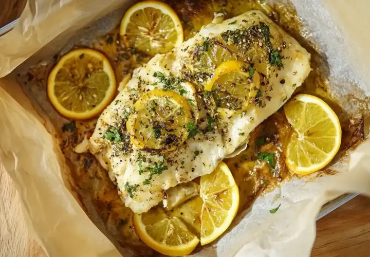 Un délicieux lieu en papillote, parsemé de rondelles de citron et d'herbes fraîches, cuit à la perfection dans du papier sulfurisé.