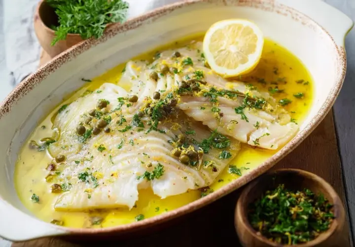 Délicieuse aile de raie pochée, nappée d'une sauce citronnée et garnie de câpres et de persil frais.