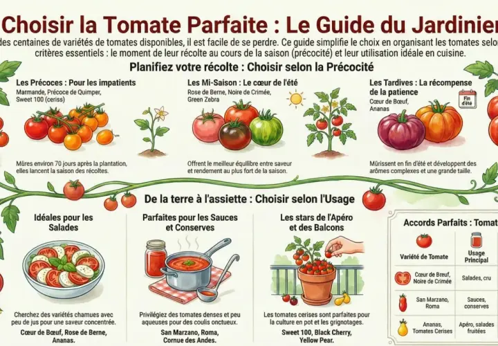 Guide du jardinier pour choisir la tomate parfaite. Il présente les variétés précoces, mi-saison et tardives, ainsi que leur usage idéal : salades, sauces, conserves, apéro. Une recette tomate est suggérée.