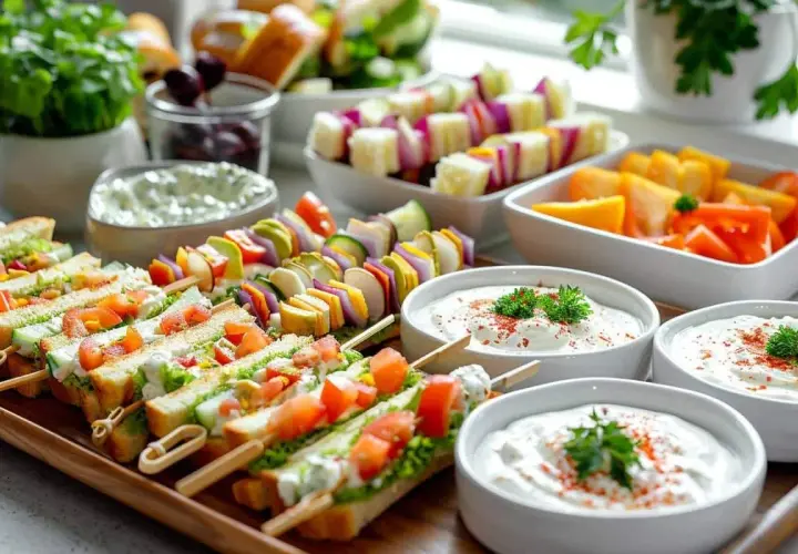 Un délicieux apéro dinatoire pour un mariage : mini sandwichs, brochettes de légumes colorés et dips crémeux.