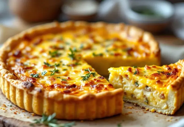 Une quiche aux sardines dorée, garnie d'herbes fraîches, avec une part coupée pour révéler sa texture crémeuse. Un délice à savourer.