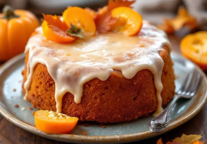 Un délicieux gâteau au kaki, nappé d'un glaçage crémeux et garni de fruits frais et de feuilles d'automne. Parfait pour une pause gourmande.