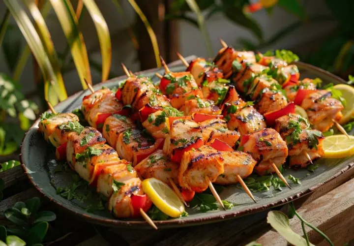 Délicieux accompagnement brochette de poisson grillé, garni de persil frais et de quartiers de citron, prêt à être dégusté.