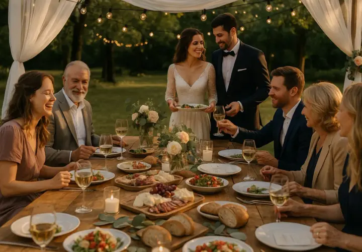 Un joyeux repas de mariage en plein air, avec des invités souriants autour d'une table dressée.