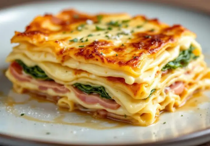 Lasagnes poireaux béchamel dorées, garnies de jambon et d'épinards, sur une assiette grise.