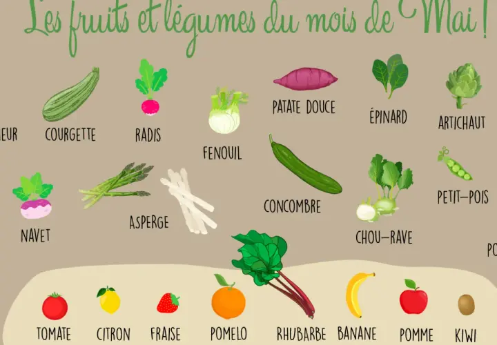 Légumes de mai : courgette, radis, fenouil, asperge, concombre, chou-rave, épinard, artichaut, petit-pois. Fruits : tomate, citron, fraise, pomelo, rhubarbe, banane, pomme, kiwi.