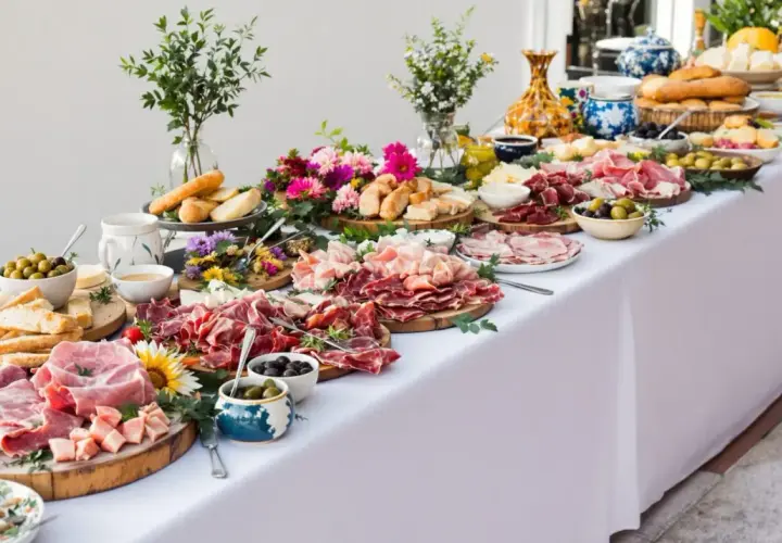 Un buffet généreux avec une présentation soignée : charcuteries, pains, fromages, olives et fleurs. L'étiquette de présentation buffet est respectée.