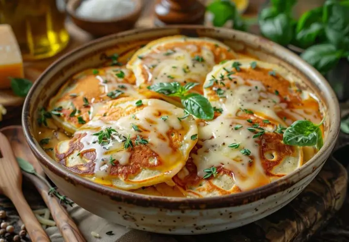 Un plat réconfortant de mini crêpes salées, nappées de fromage fondant et garnies d'herbes fraîches. Un délice à partager !