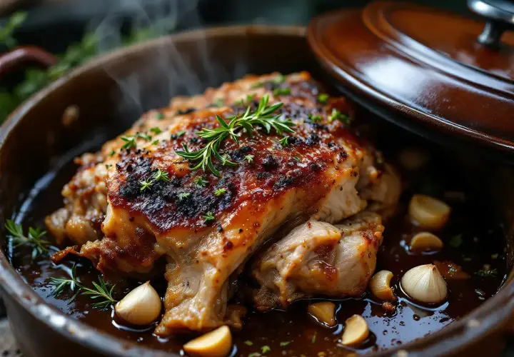 Rouelle de porc juteuse, dorée et fumante, baignant dans sa sauce avec des gousses d'ail et des herbes. Un délice à savourer !