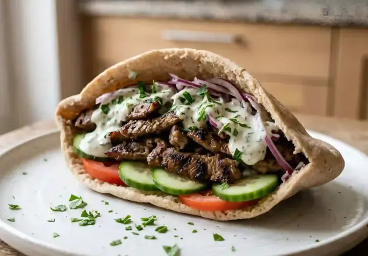 Un généreux sandwich pita garni de fines tranches de viande marinée kebab, de tomates, de concombres, d'oignons rouges et d'une sauce blanche crémeuse.