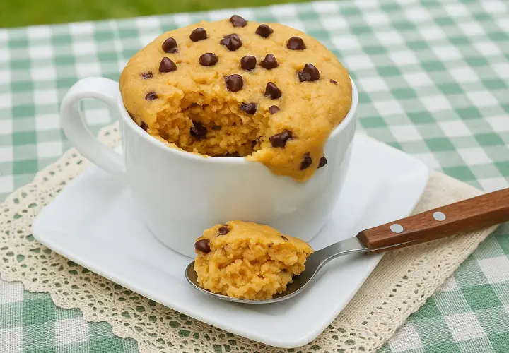 Un délicieux mug cake salé aux pépites de chocolat, prêt à être dégusté à la cuillère.