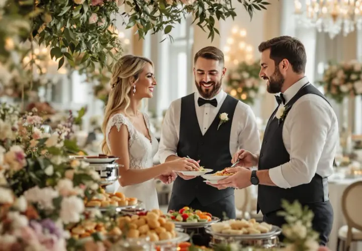 Un couple de mariés et un serveur choisissent des plats sur un buffet. Le décor floral et les lumières suggèrent un événement élégant, où le prix traiteur mariage est justifié par la qualité.
