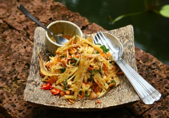 Salade croquante de poisson séché, un plat cambodgien savoureux avec des carottes râpées, des cacahuètes et des piments.