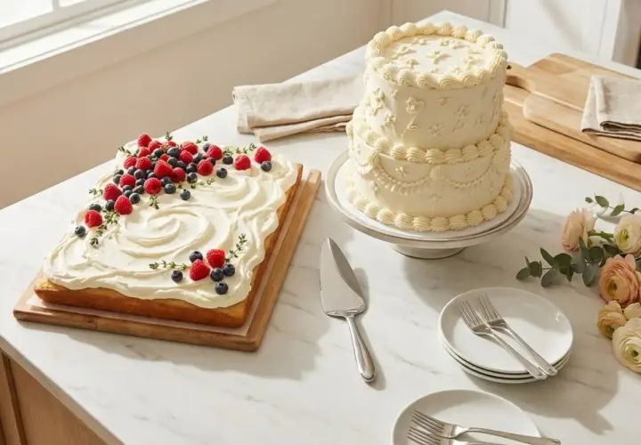 Gâteau rectangulaire décoré de fruits rouges, parfait pour une recette de gâteau pour 20 personnes. Un autre gâteau à étages est à côté.