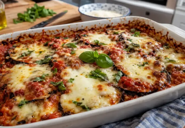 Un plat de gratin de **aubergines grillées au four**, couvert de sauce tomate et de fromage fondant, garni de basilic frais.