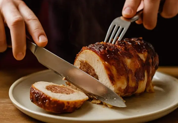 Un délicieux filet mignon farci au barbecue, coupé en tranches, prêt à être dégusté. La vapeur s'échappe de cette viande savoureuse.