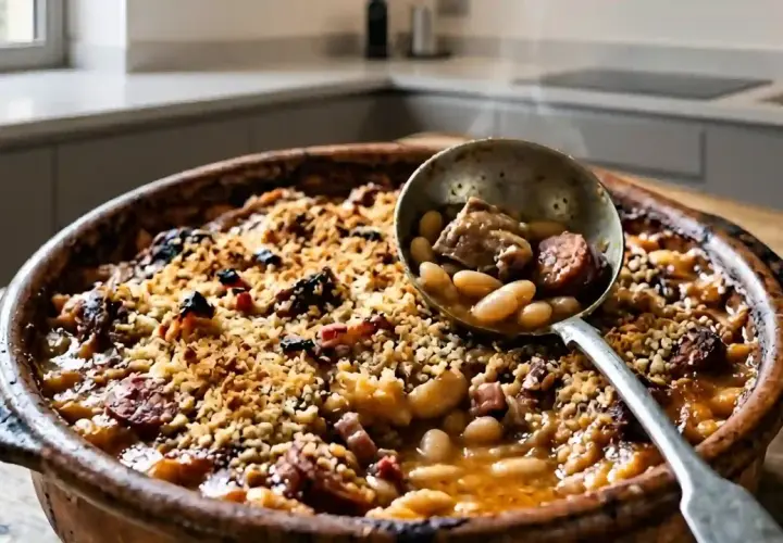 Un plat fumant de cassoulet maison, recette grand-mère, avec une louche remplie de haricots blancs, saucisse et viande.
