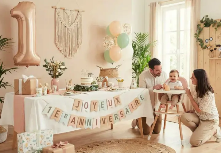 Joyeux 1er anniversaire ! Un buffet décoré avec un ballon chiffre 1, des guirlandes et des cadeaux pour un buffet anniversaire fille 1 an.