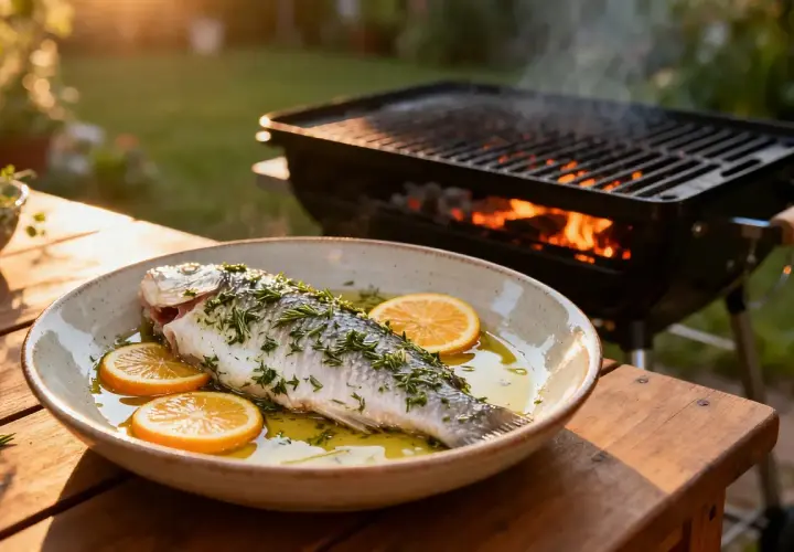 Poisson entier préparé pour un barbecue, servi avec des rondelles d'orange et des herbes. Le barbecue est allumé en arrière-plan.