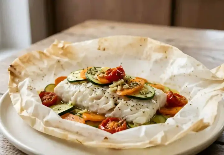 Dos de cabillaud en papillote d'aluminium, garni de rondelles de courgettes, carottes et tomates cerises.
