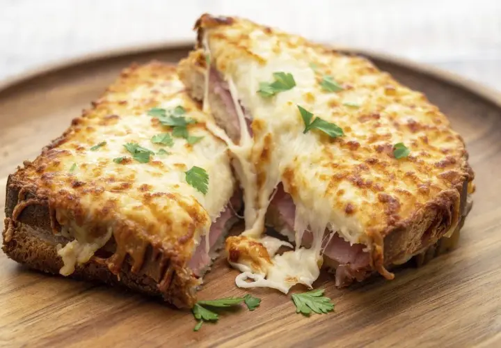 Un délicieux croque monsieur à la poêle, avec son fromage fondant et sa garniture de jambon, parsemé de persil frais.