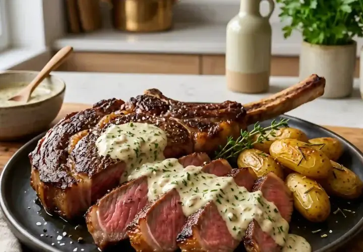 Un généreux côte de boeuf pour 6, tranché et nappé de sauce crémeuse, accompagné de pommes de terre rôties et d'herbes fraîches.