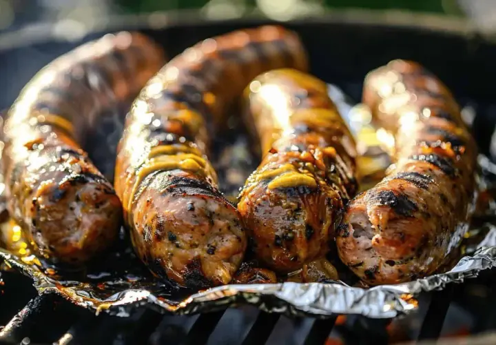 Quatre andouillettes grillées sur un barbecue, posées sur du papier aluminium. La sauce dégouline, promettant un délice.