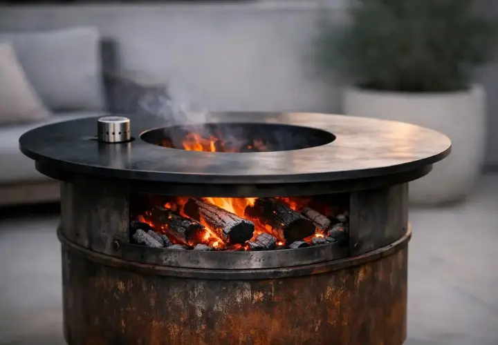 Brasero bidon rustique avec des bûches incandescentes et de la fumée s'élevant. Parfait pour une soirée conviviale en extérieur.