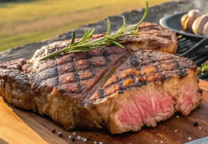Un succulent côte à l'os barbecue, parfaitement grillé, avec une touche de romarin. La cuisson est idéale, révélant une viande rosée et tendre.