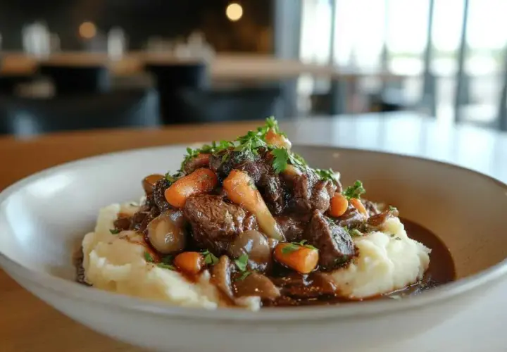 Un plat réconfortant de bœuf braisé, carottes et petits oignons, servi sur une purée de pommes de terre. La sauce riche suggère un bon deglacer oignons.