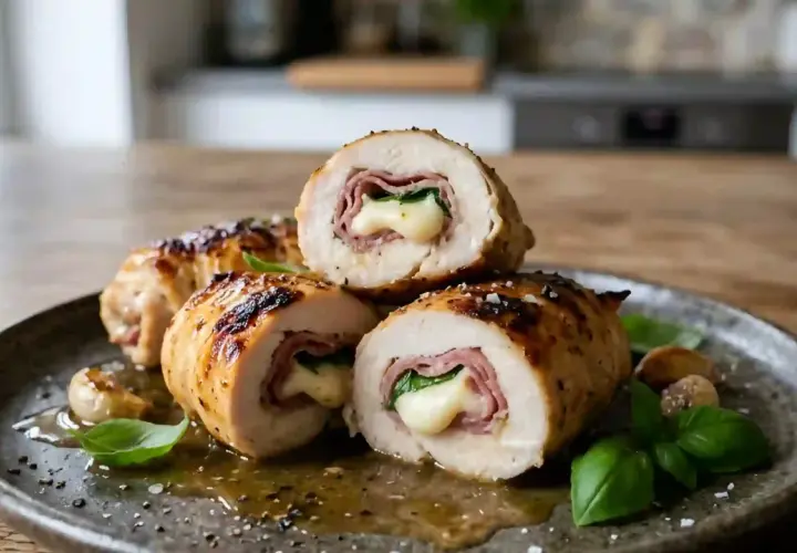 Délicieux involtini de poulet grillés, farcis de jambon et de fromage fondant, servis avec des herbes fraîches et de l'ail rôti.